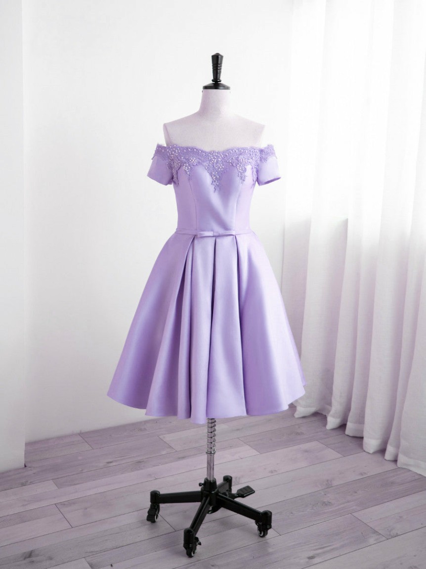Picture of Light Purple Satin Short Party Dresses with Lace, Cute Short Homecoming Dresses